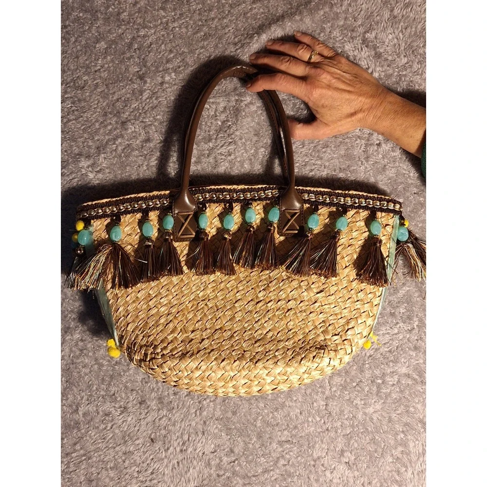 Sicilian Coffa Straw Tote Bag Sun Face Tassels PomPom Beach Vacation Handmade - Picture 7 of 11